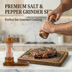 Salt and Pepper Grinder Set Wood and Acrylic - 6.3 Inch Oak Pepper Mill with Visible Window & Storage Tray - Adjustable Coarseness Ceramic Rotor, Manual Spice Grinders for Kitchen Table