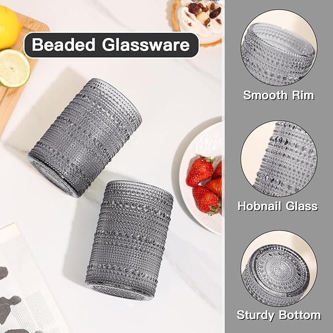 JOVGANK Grey Vintage Hobnail Drinking Glasses Set of 6, Embossed Water Tumbler 15oz, Kitchen & Bar Beaded Highball Glasses, Beverage Glass Cups for Water, Beer, Juice, Housewarming, Mother's Day Gift