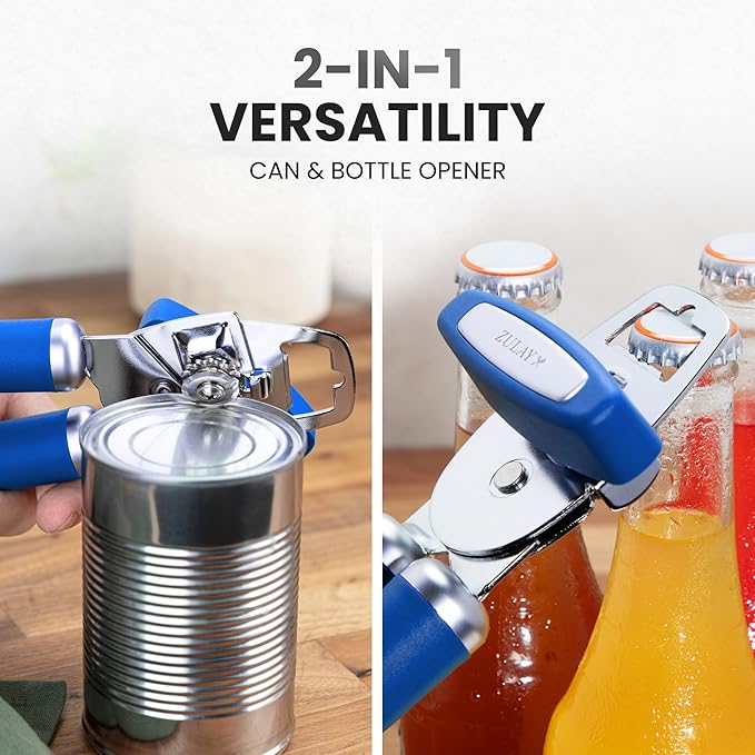 Zulay Kitchen Heavy Duty Stainless Steel Can Opener Manual with Bottle Opener - Rust Proof Manual Can Opener With Turn Knob & Comfy Soft Grip Handles - Royal Blue