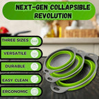 Collapsible Colander Set,Premium Food Grade Silicone Folding Strainers with Handles Space Saving Colanders for Draining Pasta,Vegetables & Fruits,Ideal for Kitchen & Travel (3pc Green)