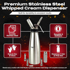 Chef Master (2 Pint / 1 Liter) Stainless Steel Whipped Cream Dispenser - Decorating Tips for Desserts, Latte + Cleaning Brush - Whip Cream Dispenser Canister for Home, Bakery or Restaurant - 90079