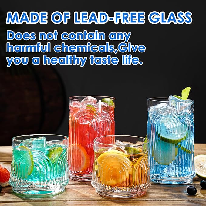 Vintage Drinking Glasses, Set of 4 Art Deco Glassware, Hand-Made Glass Cups-17oz Highball Glasses & 10oz Cocktail Glasses, Ribbed Glassware, Bar Tumbler Set, Kitchen Glass ware