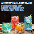 Vintage Drinking Glasses, Set of 4 Art Deco Glassware, Hand-Made Glass Cups-17oz Highball Glasses & 10oz Cocktail Glasses, Ribbed Glassware, Bar Tumbler Set, Kitchen Glass ware