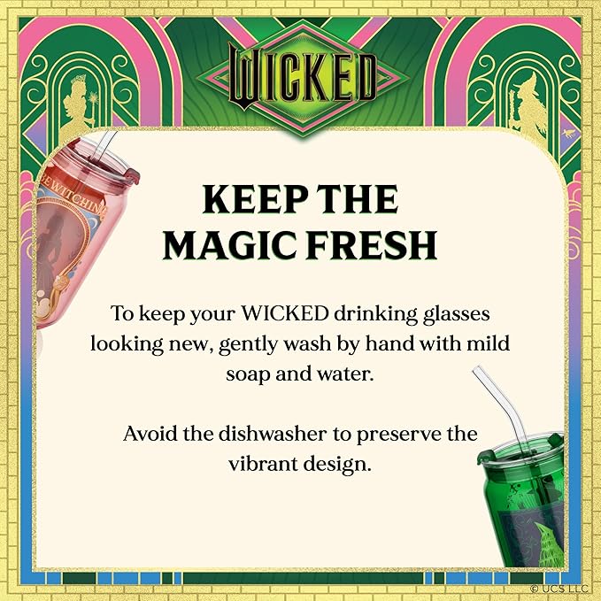 Dragon Glassware x Wicked 16 oz Drinking Glasses Set of 2 - Glass Cups with Lids and Straws - Iced Coffee Cups with Lids - Reusable Glass Tumbler with Straw and Lid - Enchanted