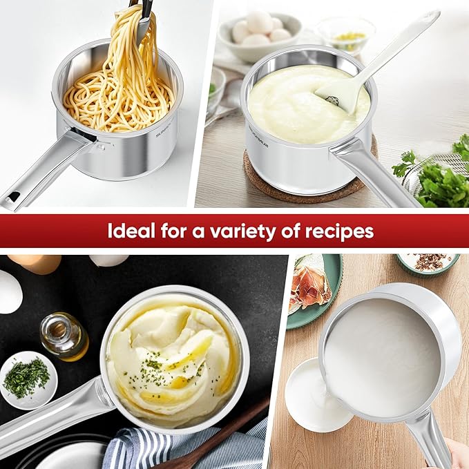 SUNHOUSE – 2 Quarts Stainless Steel Sauce Pan with Lid - PFOA-Free, Stainless Steel Sauce Pan, Advanced Impact Bonding Induction Base, Stay-Cool Handle, Compatible with All Cooktops