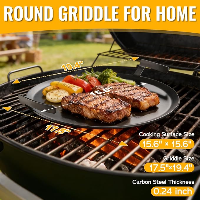 Premium Carbon Steel Griddle, Round Non-Toxic Stovetop Flat Top Pan for Gas, Electric Range, Induction, Grill & Campfire, Pre-seasoned Nitride Coating, Oven Safe to 1200°F, with Heat-insulating Gloves