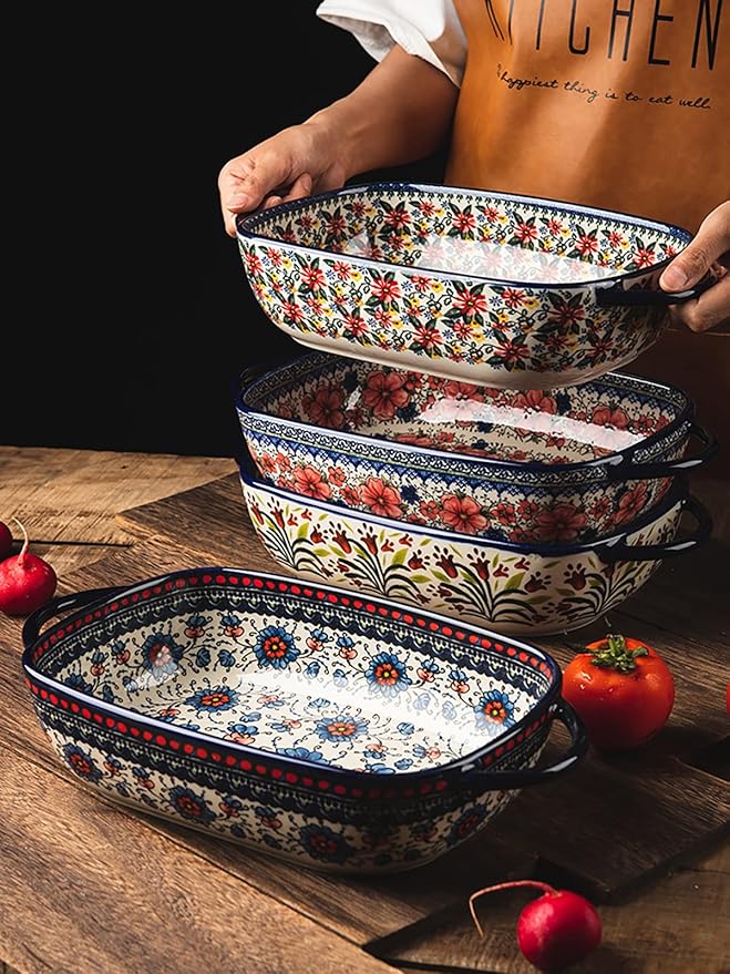 Vintage Style Pottery Bakeware Ceramic Casserole Dish Baking Pan Lasagna Pans Baking Dish with Handles for Oven/Cooking/Kitchen-1 PCS, Large Capacity, 60 OZ