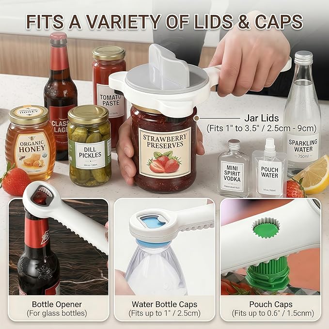 4-in-1 Adjustable Jar Opener for Weak Hands & Seniors — Ergonomic Non-Slip Handle, Multi-Size Lid Remover for Mason Jars, Bottles & Cans (Grey)
