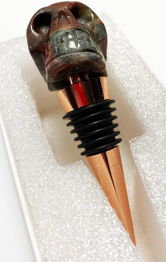 Mazeology’s Handcarved Gemstone Quality Bloodstone Carved SKULL Shaped Wine Bottle Stopper with Six Silicon Food Grade Rings and Rust-proof Aluminum to keep wine fresh.