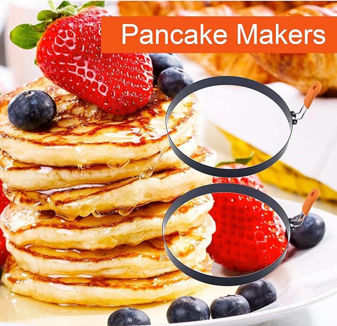 2 Packs 6" Pancake Ring for Griddle,6 Inch Non-stick Omelette Ring,Staineless Steel Psncake Mold for Griddle Egg Ring Pancake Maker with Silicone Handle