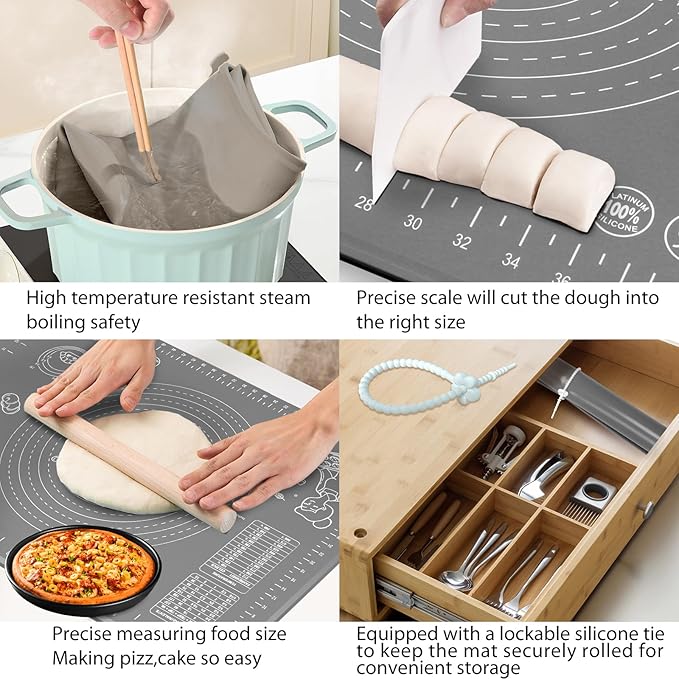Silicone Pastry Mat 28" x 20" Extra Thick Non Stick Baking Mat with Measurements and Edge Heightening, Food Grade Silicone Rolling Mat for Pastry, Bread, Cookies, Pizza, Fondant, Pasta