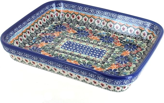 Blue Rose Polish Pottery - Orange Ashley Small Rectangular Baker - 10.25" x 8" - Unique, Dishwasher Safe, & Durable Bakeware