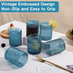 JOVGANK Blue Vintage Hobnail Drinking Glasses Set of 6, Embossed Water Tumbler 12oz, Kitchen & Bar Beaded Glass Cups, Beverage Glass Cups for Water, Beer, Juice, Housewarming and Mother's Day Gift