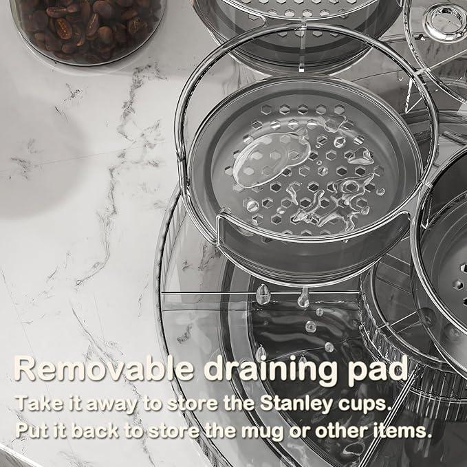 Rotating Coffee Bar Accessories Organizer, 2-Tier Lazy Susan Cup Holder for Stanley 40oz Tumbler with Handle, Countertop Drying Rack Station with Divided Tray for K-Cups, Snacks & Mugs