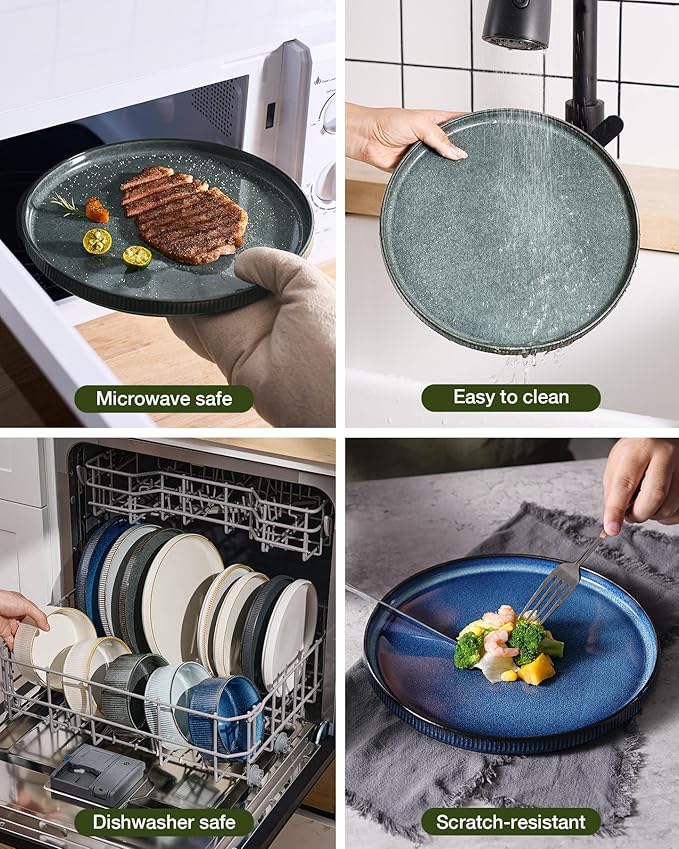 Famiware Star 24-Piece Plates and Bowls Set with Trim, Service for 8 - Stoneware Reactive Glaze Dinnerware, High Edge Ribbed Dishes, Chip & Scratch Resistant, Microwave & Dishwasher Safe, Deep Forest