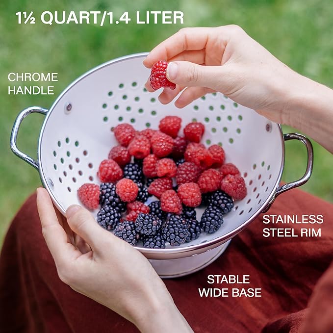 Reston Lloyd, 1.5 Quart Powder Coated Steel Kitchen Strainer Basket for draining Pasta, Vegetable and Fruit, Chrome Handles and Wide Stable Base, Aqua-Blue