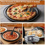 Pizza Peel Pizza Pan Set, 7Pcs Pizza Oven Accessories, 12 Inch Metal Paddle (12"x 14") with Foldable Wooden Handle, 2 Pizza Pans, Rocker Cutter, Pizza Server, Oven Mitts, Oil Brush