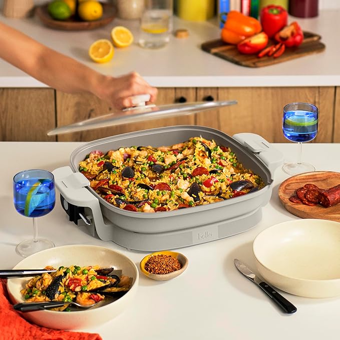 bella Make & Take XL Electric Skillet, Fits-anywhere™ kitchenware, EverGood™ Ceramic Coating, Adjustable Temperature & Dishwasher-Safe Tempered Glass Lid, Cast Aluminum Base, 1200 Watt, Oatmilk