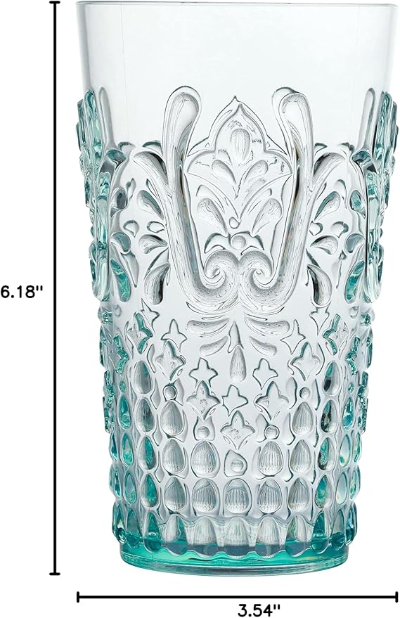 KLIFA- BLOIS- 20.5 ounce, Set of 6, Acrylic Highball Drinking Glasses, BPA-Free, Stackable Plastic Drinkware, Dishwasher Safe, Vintage Looking Cups, Light Teal