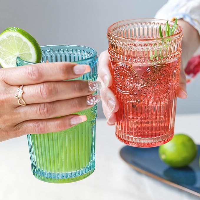 Kate Aspen Vintage Textured Rose Gold Striped Drinking Glasses Set of 6, (13 oz) Ribbed Glassware Set | Cocktail Set, Ice Tea Glasses, Juice Glass, Water Cups