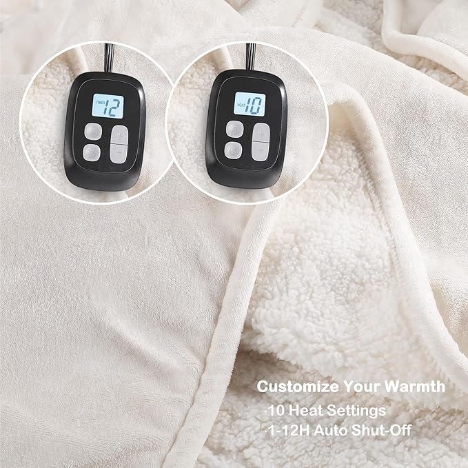 Electric Heated Blanket Queen Size - 84"x90", Soft Flannel Heating Blanket, 10 Heating Levels, 1-12 H Auto Shut Off, Dual Controllers, Breathable Warm and Washable for Bed, White