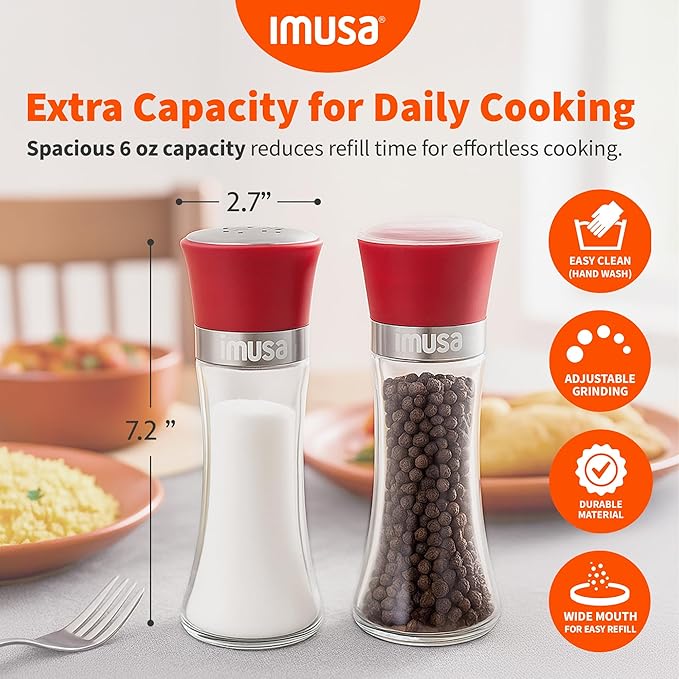 IMUSA Salt Shaker and Pepper Grinder Set – 2 Pack Glass Salt Shaker and Pepper Mill Set, Manual Adjustable Ceramic Core Pepper Grinder, 6 oz Capacity, Refillable Salt and Pepper Set for Kitchen