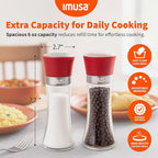 IMUSA Salt Shaker and Pepper Grinder Set – 2 Pack Glass Salt Shaker and Pepper Mill Set, Manual Adjustable Ceramic Core Pepper Grinder, 6 oz Capacity, Refillable Salt and Pepper Set for Kitchen