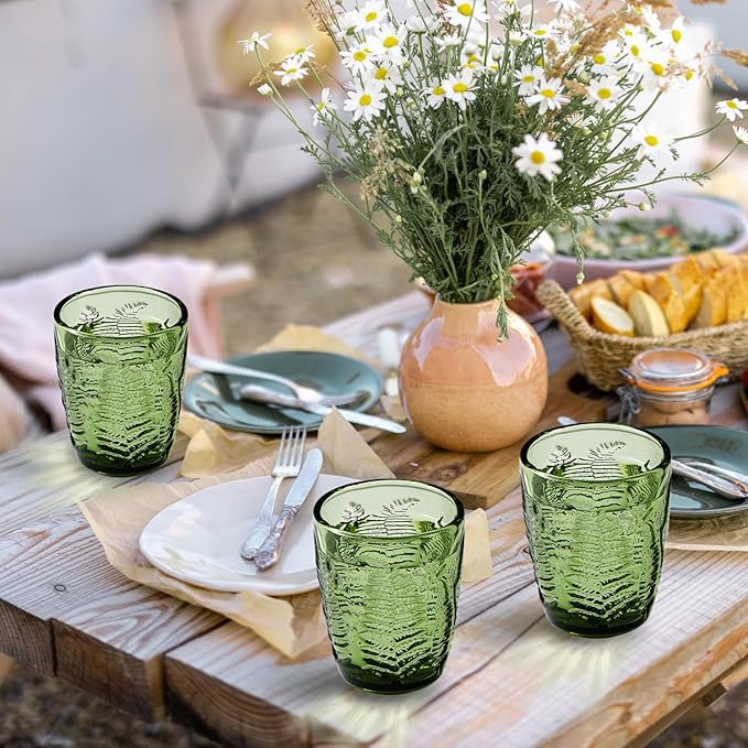 Reallnaive Green Drinking Glasses Set of 8, Boho Aesthetic Vintage Glassware Fern Carving Textured Tumbler Water Cups Embossed Pattern Drinkware Cocktail Glasses Set for Xmas Gifts(10 oz,Lowball)