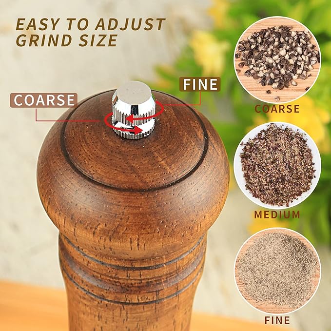 Haomacro Pepper Grinder, Wood Salt and Pepper Mills Set, Classic Manual Spice Grinder Refillable Salt Mill Sets with Acrylic Visible Window Adjustable Ceramic Grinding Rotor 8 inch 2 Pack