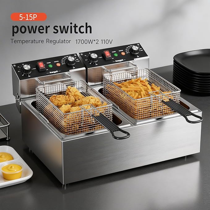 Commercial Deep Fryer, Dual Tank 3400W Electric Countertop Fryer with Basket, 2 x 10L/10.6QT Double Stainless Steel Oil Fryer with Drain, Time & Temp Control, for Kitchen Restaurant Use