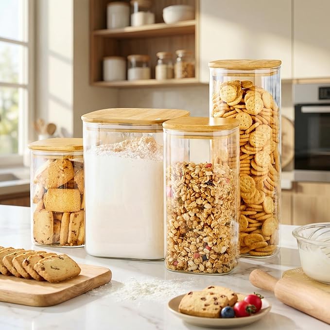 Extra Large Square Glass Flour & Sugar Storage Containers with Airtight Lids, 168oz 2 Pack Glass Jars with Bamboo Lids, Air tight Pantry Food Storage Containers for Cereal, Pasta, Rice Organizers