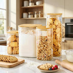 Extra Large Square Glass Flour & Sugar Storage Containers with Airtight Lids, 168oz 2 Pack Glass Jars with Bamboo Lids, Air tight Pantry Food Storage Containers for Cereal, Pasta, Rice Organizers