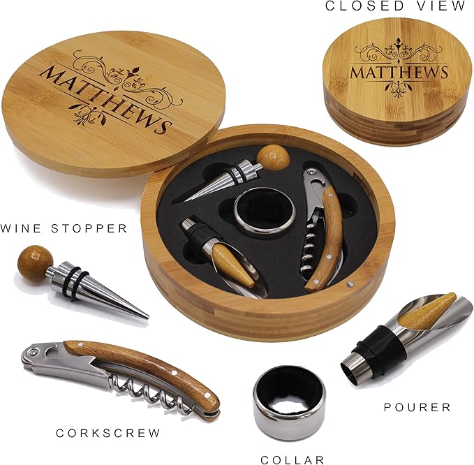 My Personal Memories Customized Bamboo Wood 4pc Wine Bottle Opener Tool Set - ROUND