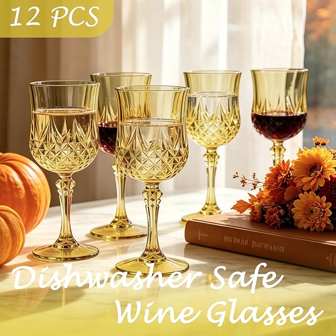 Plastic Wine Glasses, Plastic Goblets Vintage Style Cordial Unbreakable Drinking Glasses, Reusable Drinkware for Wedding Reception, Grand Event Party Supplies (12, Gold)