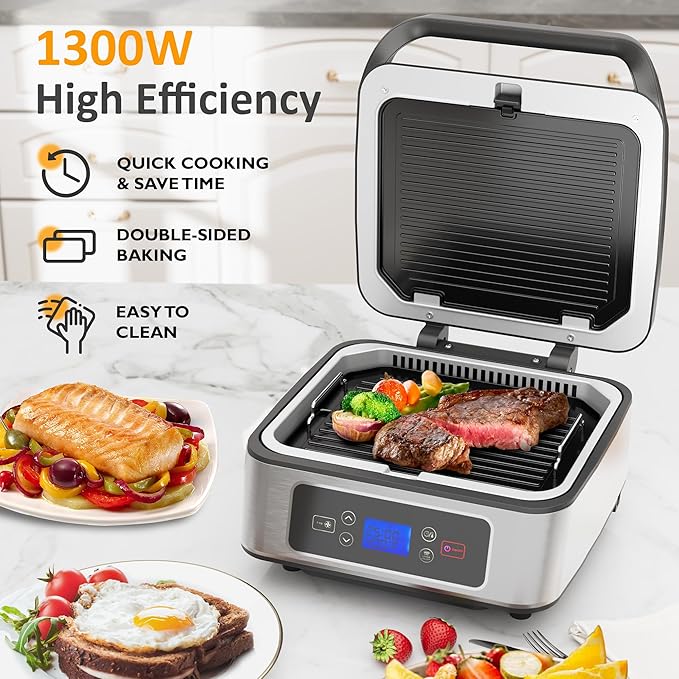 Sunvivi Indoor Grill, 1300W Smokeless Grill Indoor with Auto-Lift, Electric Griddle Nonstick with Removable Plates, Independent Upper Heating, Smart Time & Temperature Control, Easy to Clean and Store
