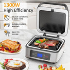 Sunvivi Indoor Grill, 1300W Smokeless Grill Indoor with Auto-Lift, Electric Griddle Nonstick with Removable Plates, Independent Upper Heating, Smart Time & Temperature Control, Easy to Clean and Store