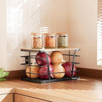 Pantry Organizers and Storage - Stackable Wire Basket with Lightweight PP Mat & Bamboo Top for Fruits Vegetables,Fruit Holder for Kitchen Countertop,Black