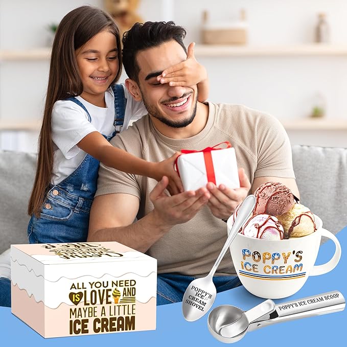 Christmas Poppy Gifts, Poppy's Gift Ice Cream Bowl Scoop Shovel Spoon Set, Grandpa Ice Cream Gift from Grandkids, Ideal Xmas Birthday Father's Day Man Gifts