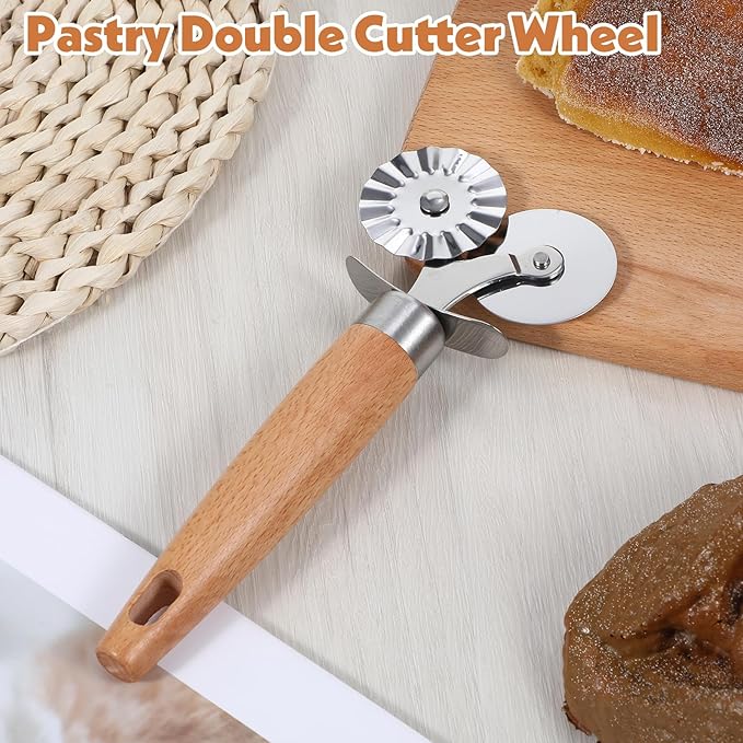 Pastry Double Cutter Wheel for Kitchen, Stainless Steel Pasta Cutter Wheel Tool with Double Roller for Making Pasta, Pizza, Ravioli, Cookie Cutter, Enhance Your Culinary Artistry