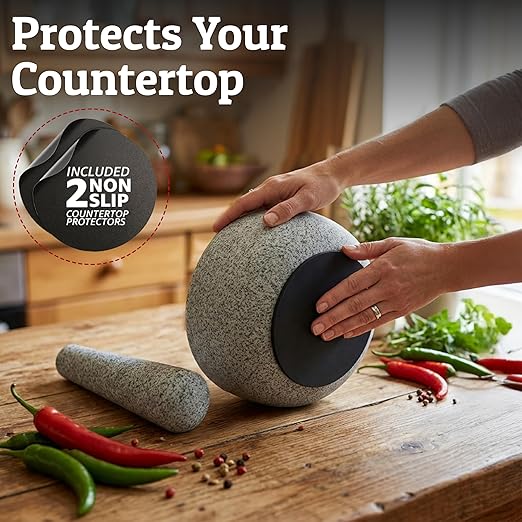 Priority Chef Heavy Duty Large Mortar and Pestle Set, Hand Carved from Natural Granite, Make Fresh Guacamole, Pesto, Stone Grinder Bowl, Herb Crusher, Spice Grinder, 6.3 Inches Wide, 2 Cup - Grey