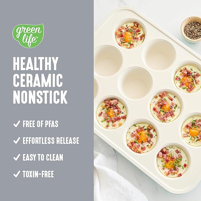 GreenLife 12-Cup Muffin Pan, PFAS-Free Healthy Nonstick Baking Tray, 11.4" x 1.9" x 15.9", Durable Ceramic Bakeware, Cupcakes, Egg Bites, Tarts, Brownies, Gray