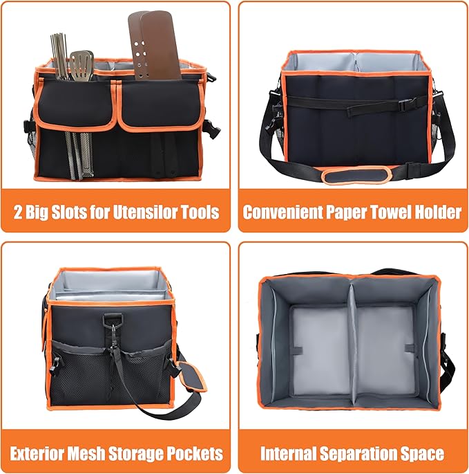 Large Grill Caddy with Paper Towel Holder - BBQ Caddy Organizer for Utensil, Condiment - Easy Carry Picnic Caddy - Griddle Caddy for Camping, Travel, RV - 600D Waterproof Oxford Fabric