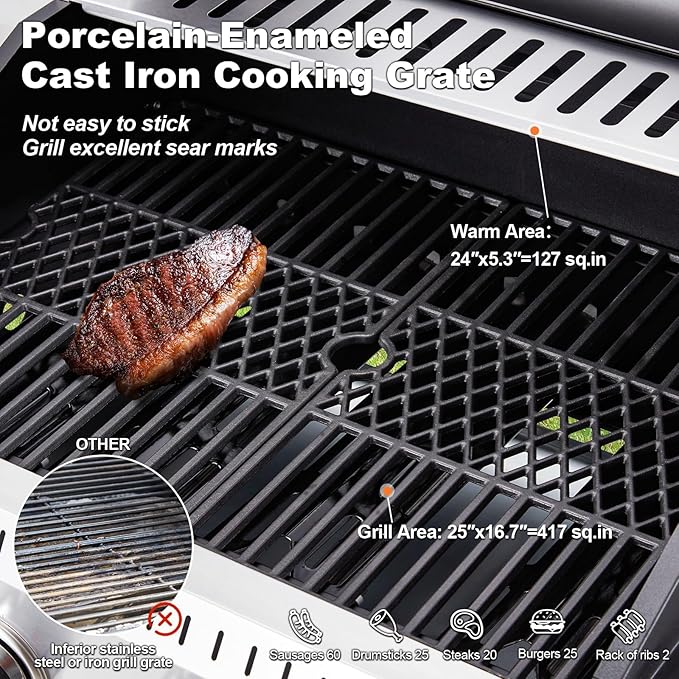 MELLCOM Stainless Steel 4 Burner BBQ Propane Gas Grill with Cast Iron Grates & Side Stove, Stainless Steel 44000 BTU Burner Barbecue Grill for Patio,Camping, Outdoor Cooking