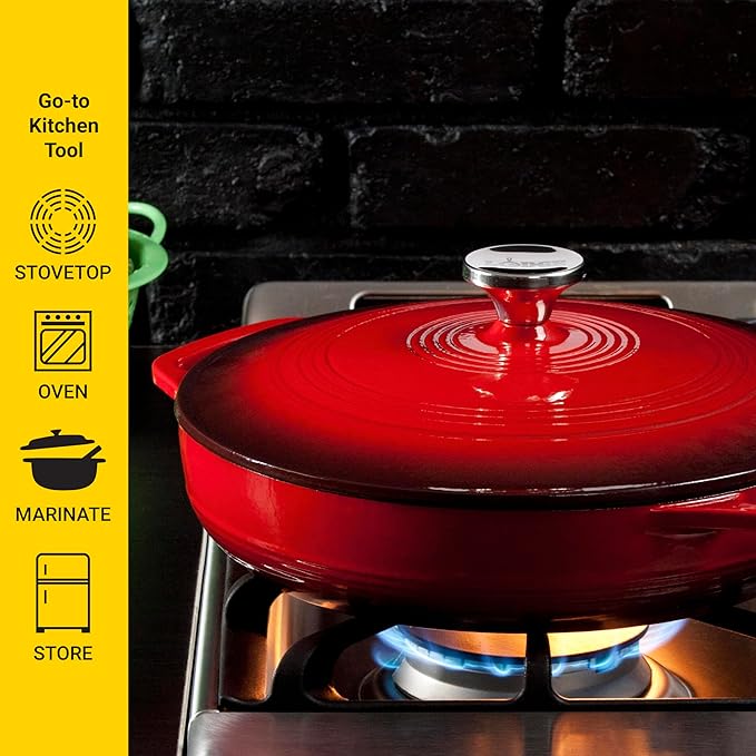 Lodge Essential Enamel Braiser - Refrigerator- & Oven-Safe up to 500° F - Heat-Retaining, Induction-Safe & PFAS-Free Enamel Cookware - 3.5 Quart, Island Spice Red