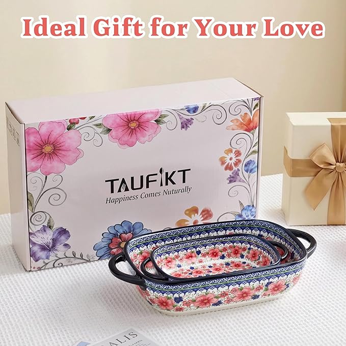 Ceramic Casserole Dishes for Oven, Hand-painted Polish Pottery Baking Dish Set of 2, 0.8QT / 2QT Porcelain Casserole Dishes with Handles, Baking Pan Lasagna Pan, Gift for Family/Friend (Red)