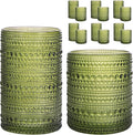 Moretoes Hobnail Drinking Glasses, 12 Piece Green Water Glass Cups, Mixed Vintage Glassware Set, 6pcs 12oz Highballs and 6pcs 10oz old Fashioned Glasses, Great for Cocktail, Whisky and other Beverages