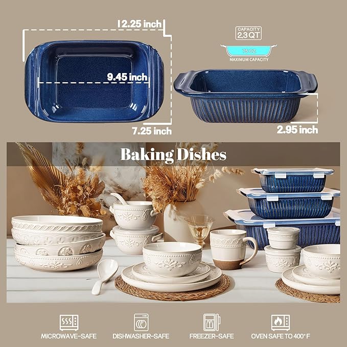 Artena Baking Dish 2.3 Quarts, Casserole Dishes For Oven, Baking Pan With Handles, Lasagna Pan Deep, Large Casserole Dish, Rectangular Ceramic Bakeware, Blue (Only Baking Dish)