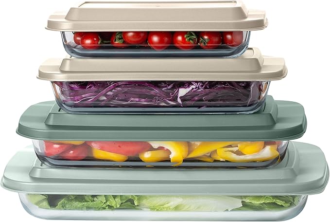 COOK WITH COLOR 8-Piece Deep Glass Baking Dish Set with Plastic Lids – Casserole and Food Storage Containers for Lasagna, Leftovers – Freezer-to-Oven, Microwave & Dishwasher Safe, Mint