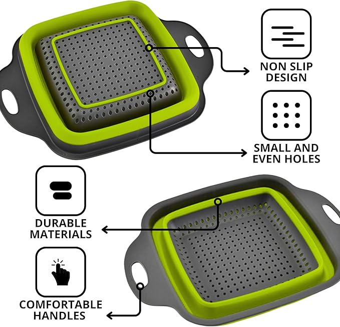 Square Collapsible Colander with Handles – Green Square Silicone Kitchen Strainers with Plastic Handles Foldable Kitchen Strainer Perfect for Draining Pasta Vegetable and Fruit Green