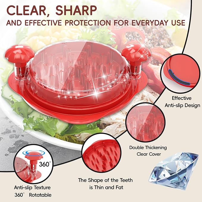 XL Chicken Shredder, Large Pro Meat Shredder Tool Twist with Ergonomic Handle, Strong Non-Slip Base, Dishwasher Safe, Kitchen Chicken Grinder for Ground Food, Vegetables, Red